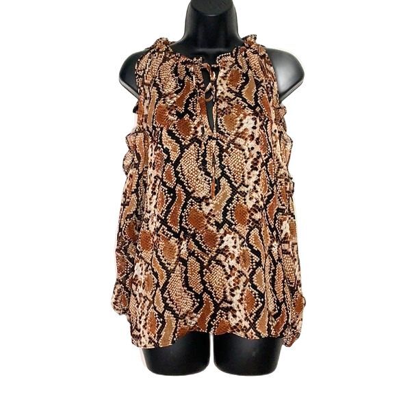1. State Serene Snake Print Ruffled Cold Shoulder Blouse Brown Black Size Small - Picture 5 of 11